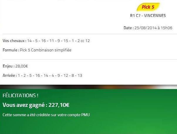 Pick 5 à 454,20 € toucher à 50 % soit 227,10 € de gains