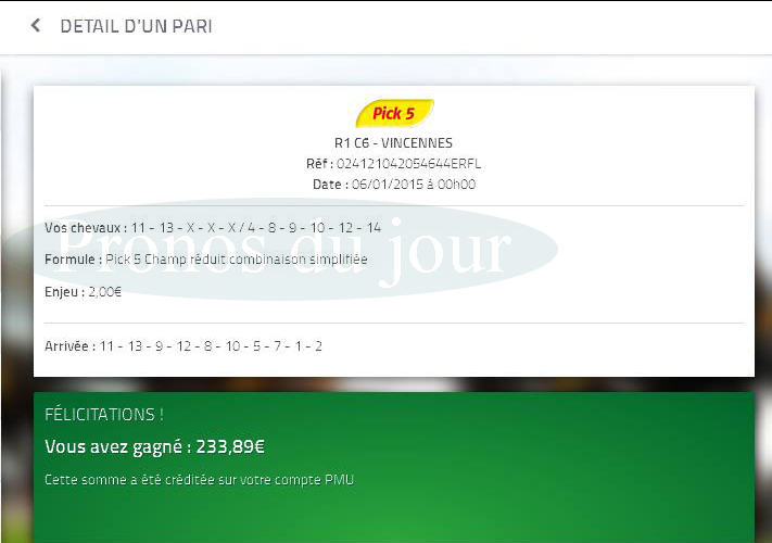 Pick 5 gagnant, ticket gagnant pmu